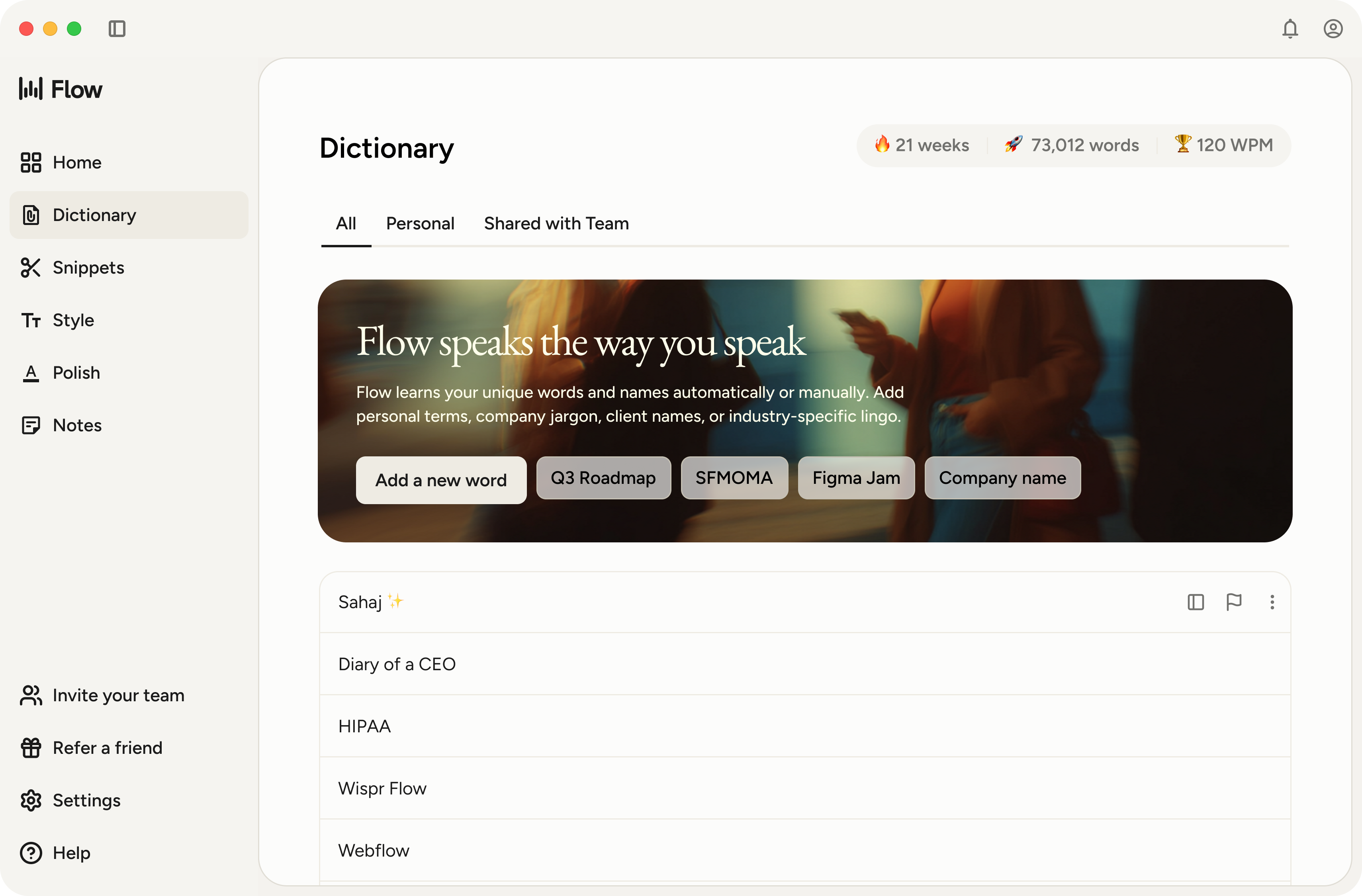 Wispr Flow dictionary screen